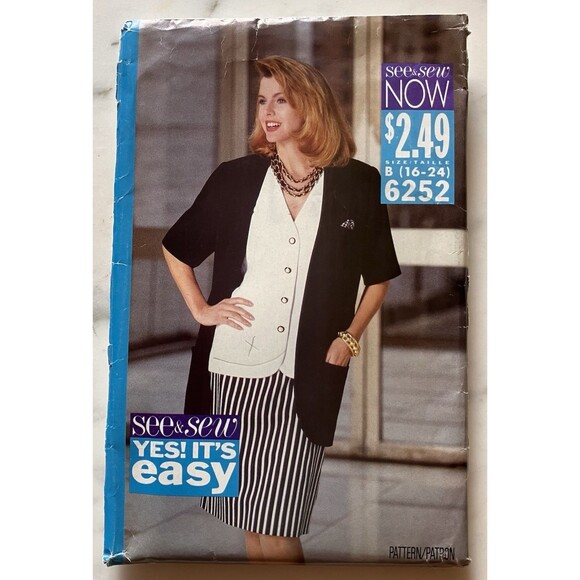 See & Sew Pattern 6252 Size B 16-18-20-22-24 Women's Jacket Top Skirt Uncut 1992 - Picture 1 of 6